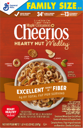 Maple Cinnamon Cheerios Hearty Nut Medley cereal box