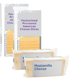 Mozzarella and American cheese packages displayed upright.