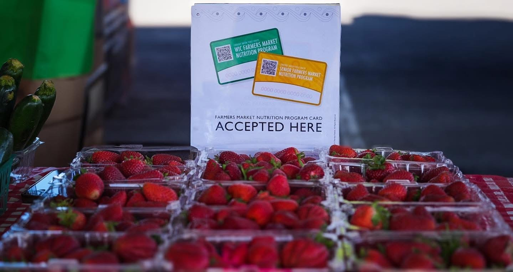 Strawberries displayed, market card accepted sign behind.