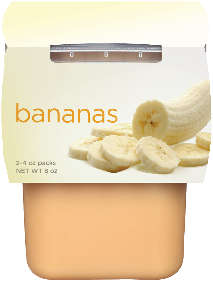 Banana puree packaging with sliced banana illustration.
